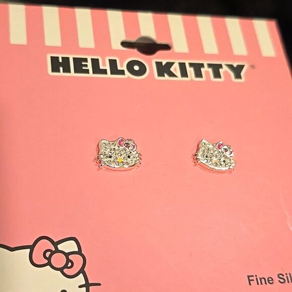 Hello Kitty Fine Silver Plated Logo Studded Crystal Earrings - Picture 8 of 9